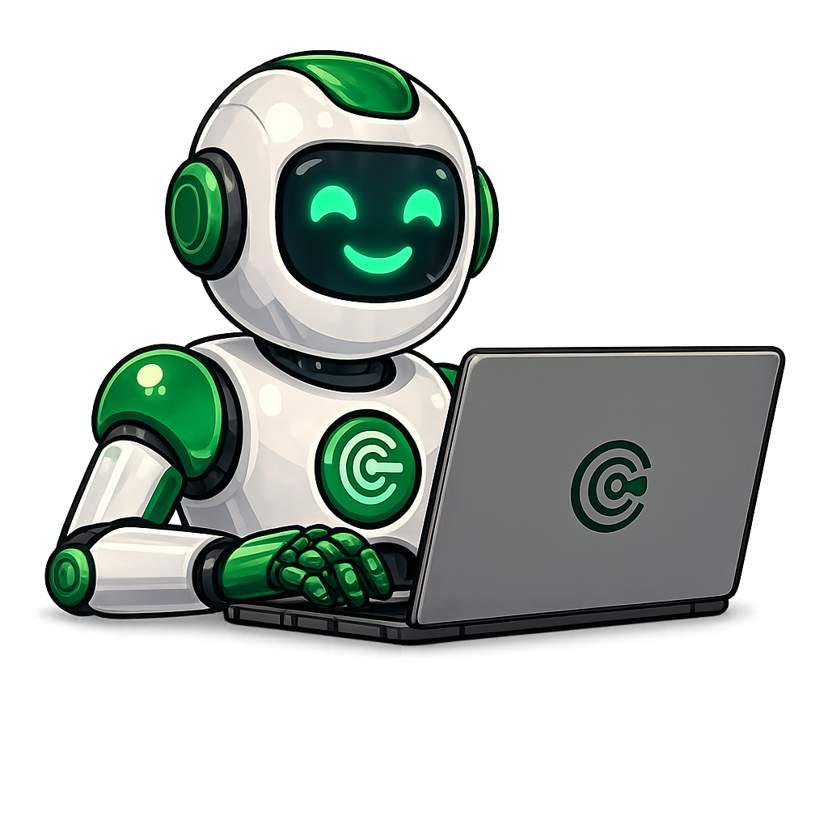 Spotty the mascot tapping away on a laptop