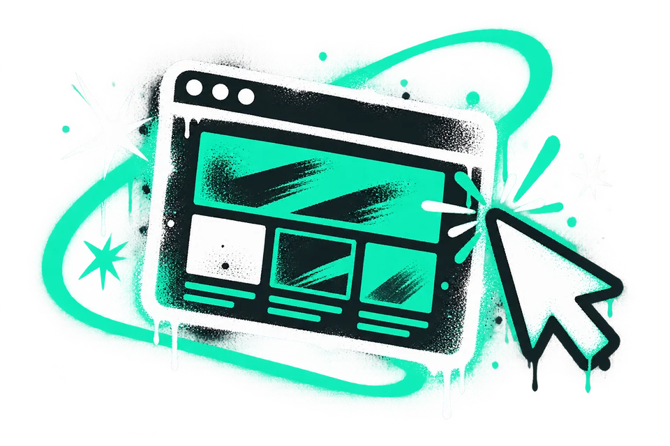 Spray-painted website design with a bold mint cursor and paint splashes