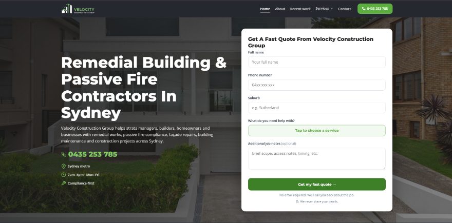 Website we built for Velocity Construction Group